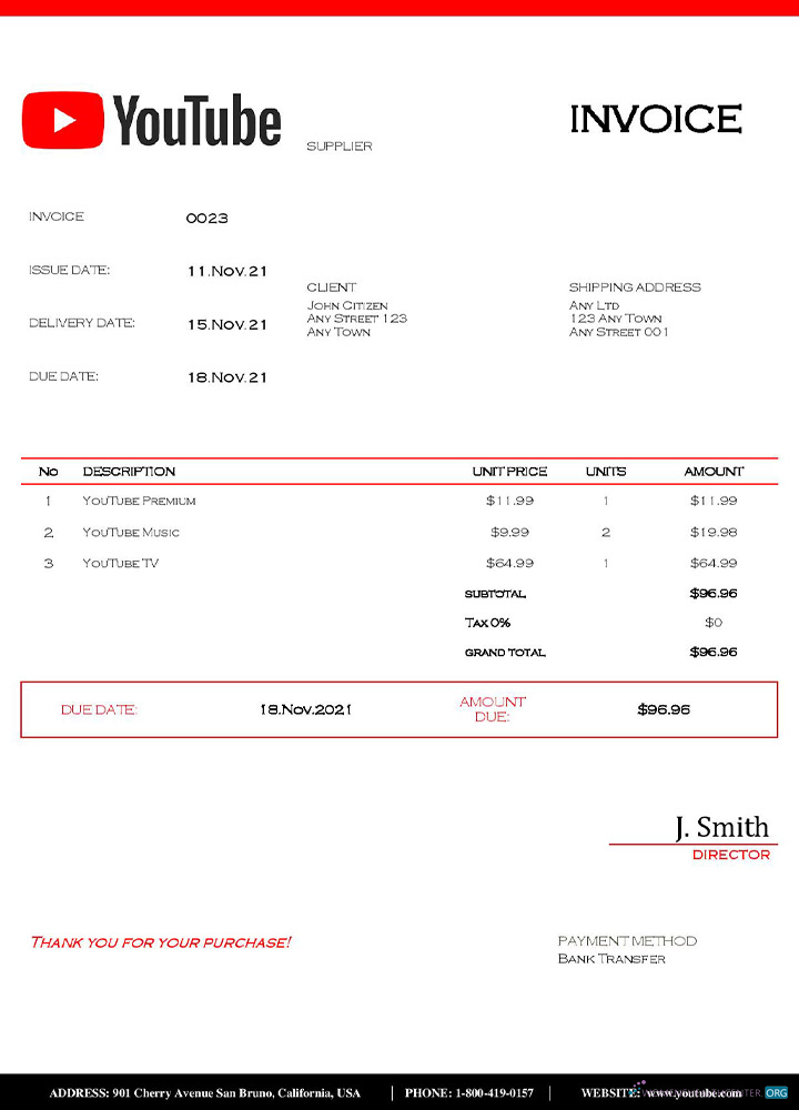 Download USA Youtube invoice template Photoshop template